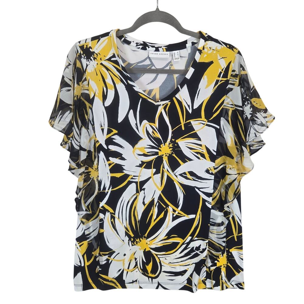 Susan Graver Liquid Knit Top M Flutter Sleeve Black Yellow Resort Tropical Print